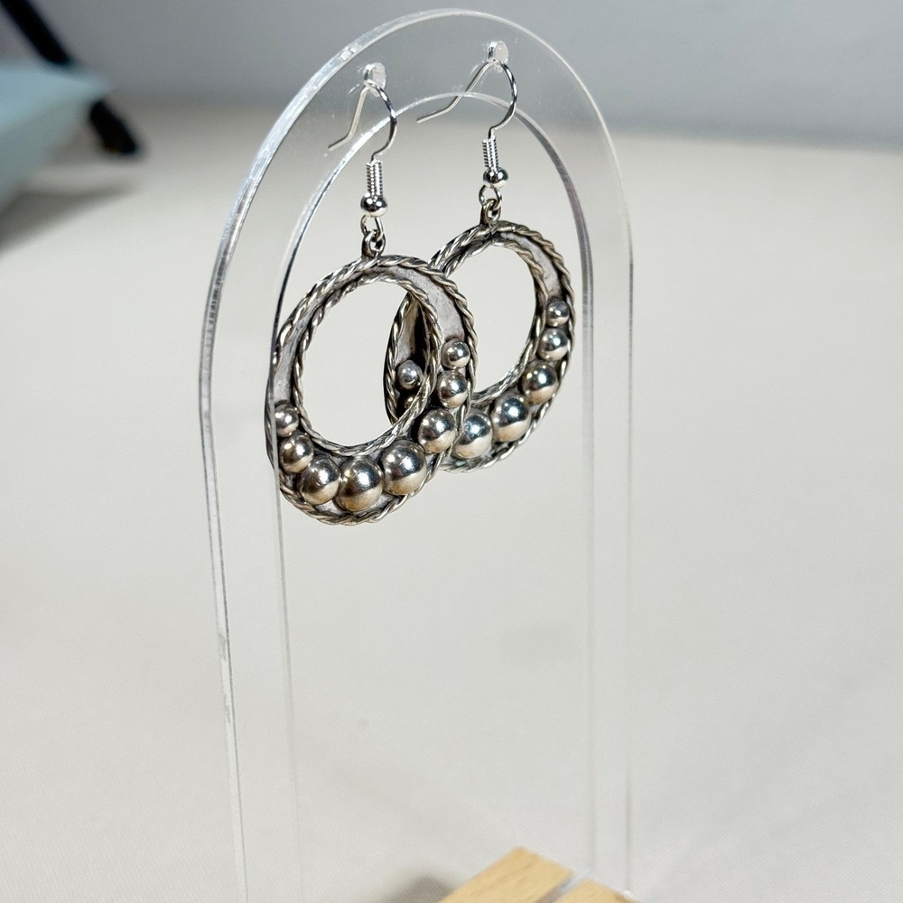 Vintage Taxco Mexico 925 Sterling Silver Beaded Hoop Drop Earrings Boho **READ** - Picture 12 of 16